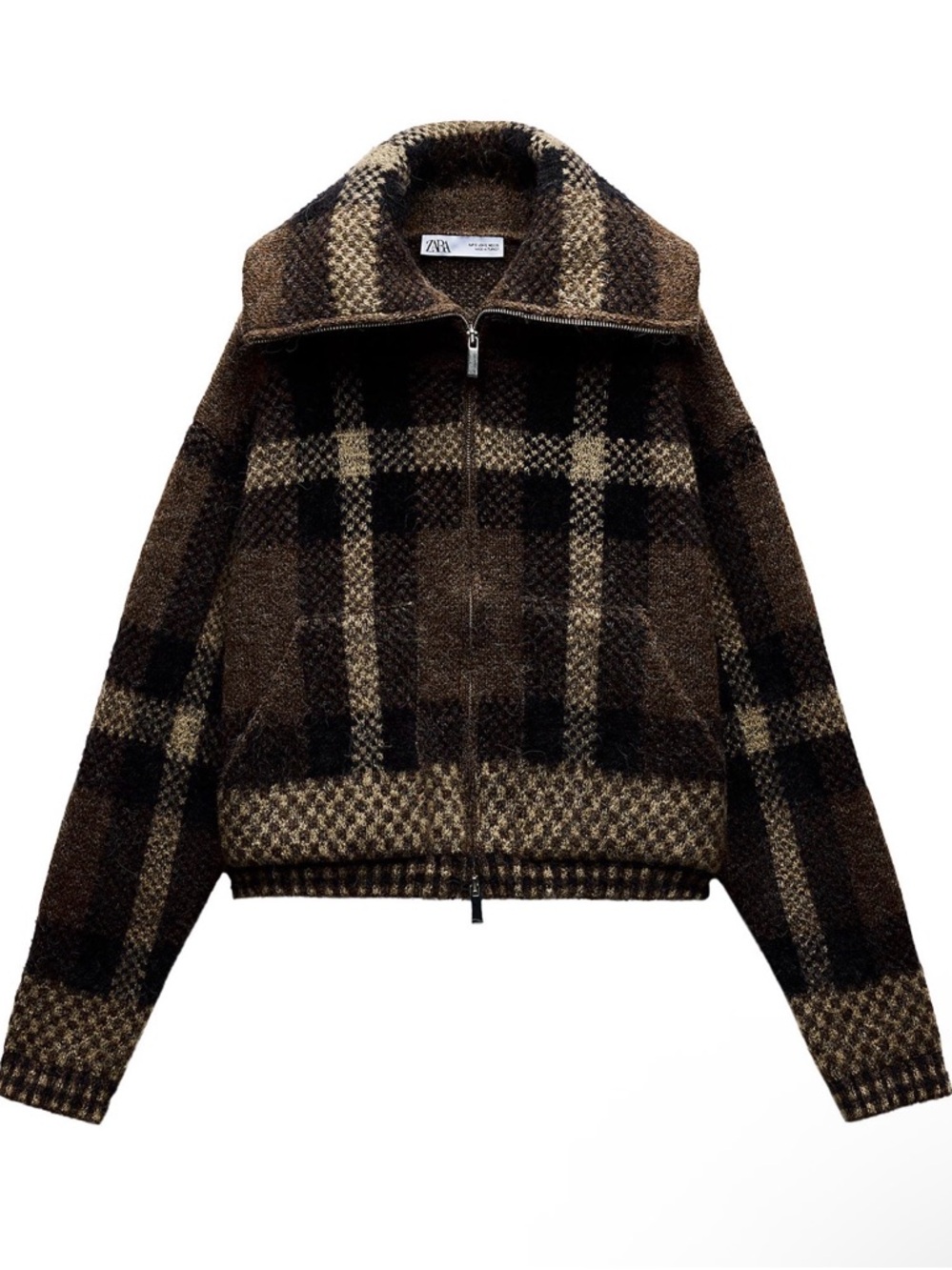 Zara Brown Plaid Knit Bomber 2-Way FULL Zip-Up Jacket